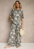 Komplety damskie - Szary Komplet z Wiskozy Zdobiony Roślinnym Printem T-shirt i Szerokie Spodnie Evialena - miniaturka - grafika 1