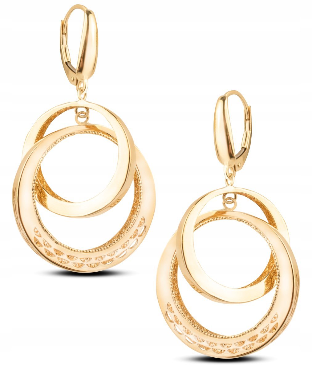 ZŁOTE WISZĄCE KOLCZYKI PODWÓJNE KÓŁKA Z DIAMENTOWANIEM PIANETI 14KT 585