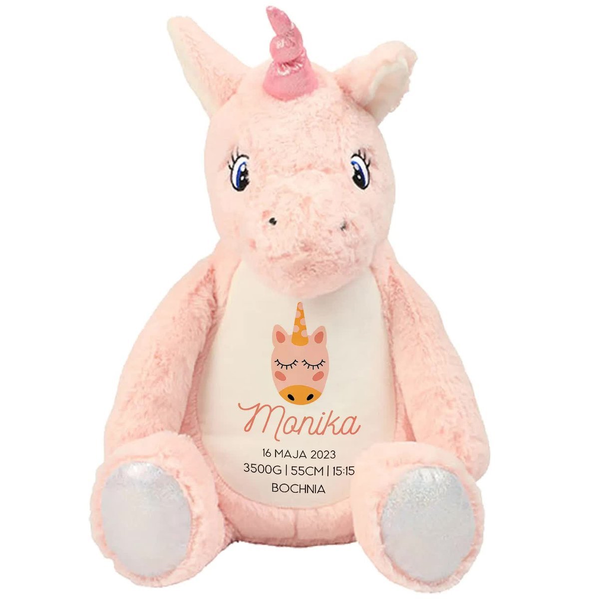 MASKOTKA PRZYTULANKA JEDNOROŻEC Prezent Urodziny METRYCZKA Twoje Imię Wzory