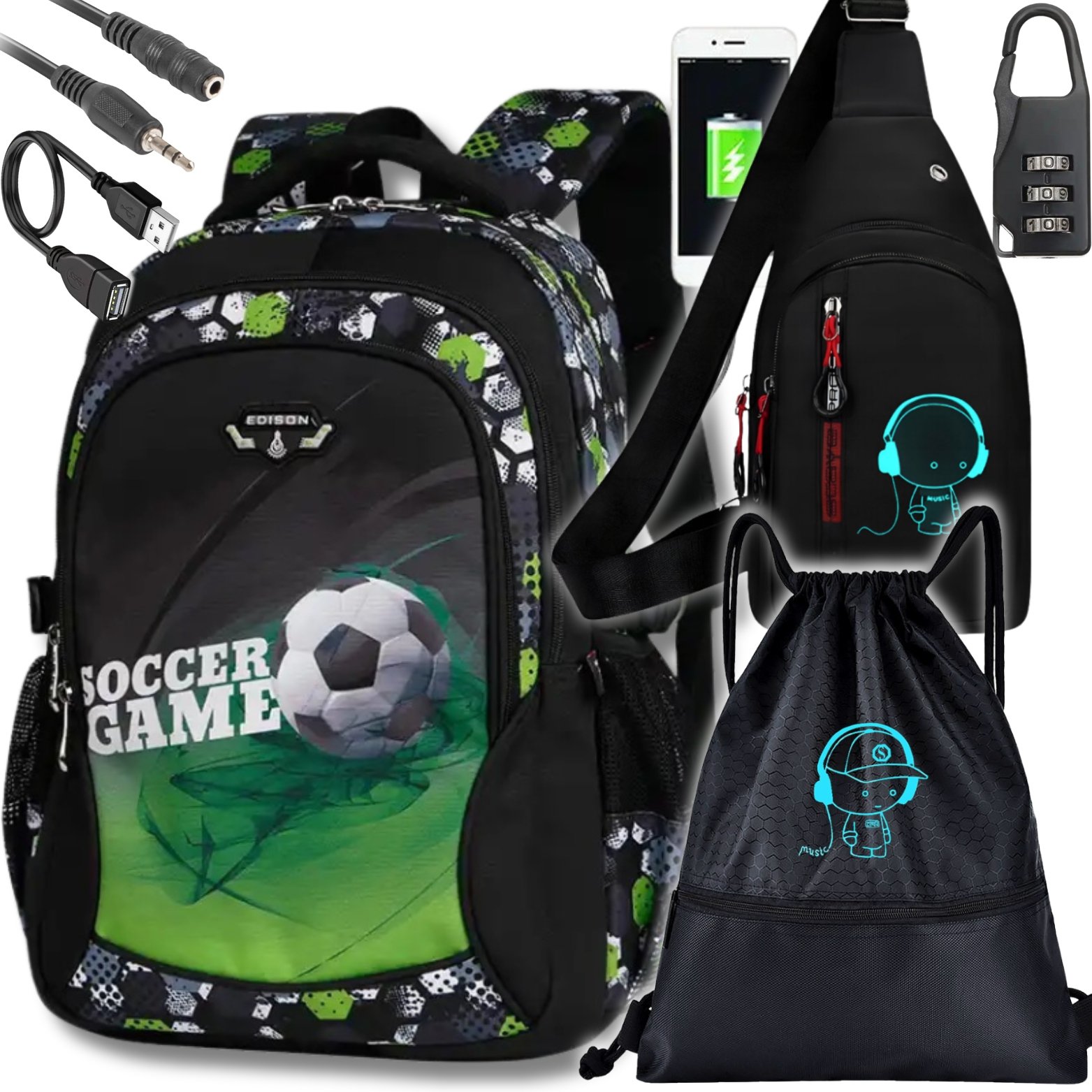 Plecak Szkolny Piłka Nożna Tornister Zestaw Dla Chłopca szkoły Torba Usb