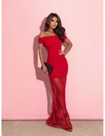 Sukienki - Sukienka z opuszczonymi ramionami i tiulem REVA - czerwona - miniaturka - grafika 1