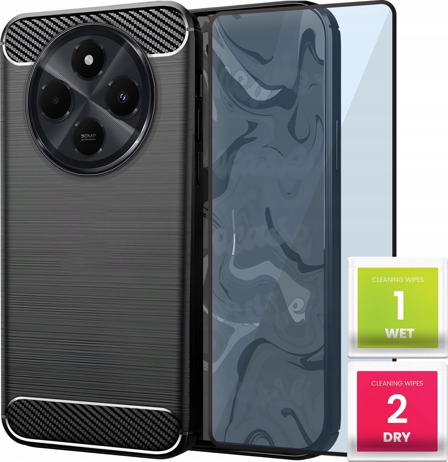 Etui do Xiaomi Redmi 14C Czarne, Pancerne, Karbon, Case SZKŁO 9H 5D
