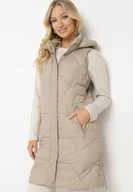 Kamizelki damskie - Ciemnobeżowa Pikowana Kamizelka z Odpinanym Kapturem i Ściągaczami Lorianvia - miniaturka - grafika 1