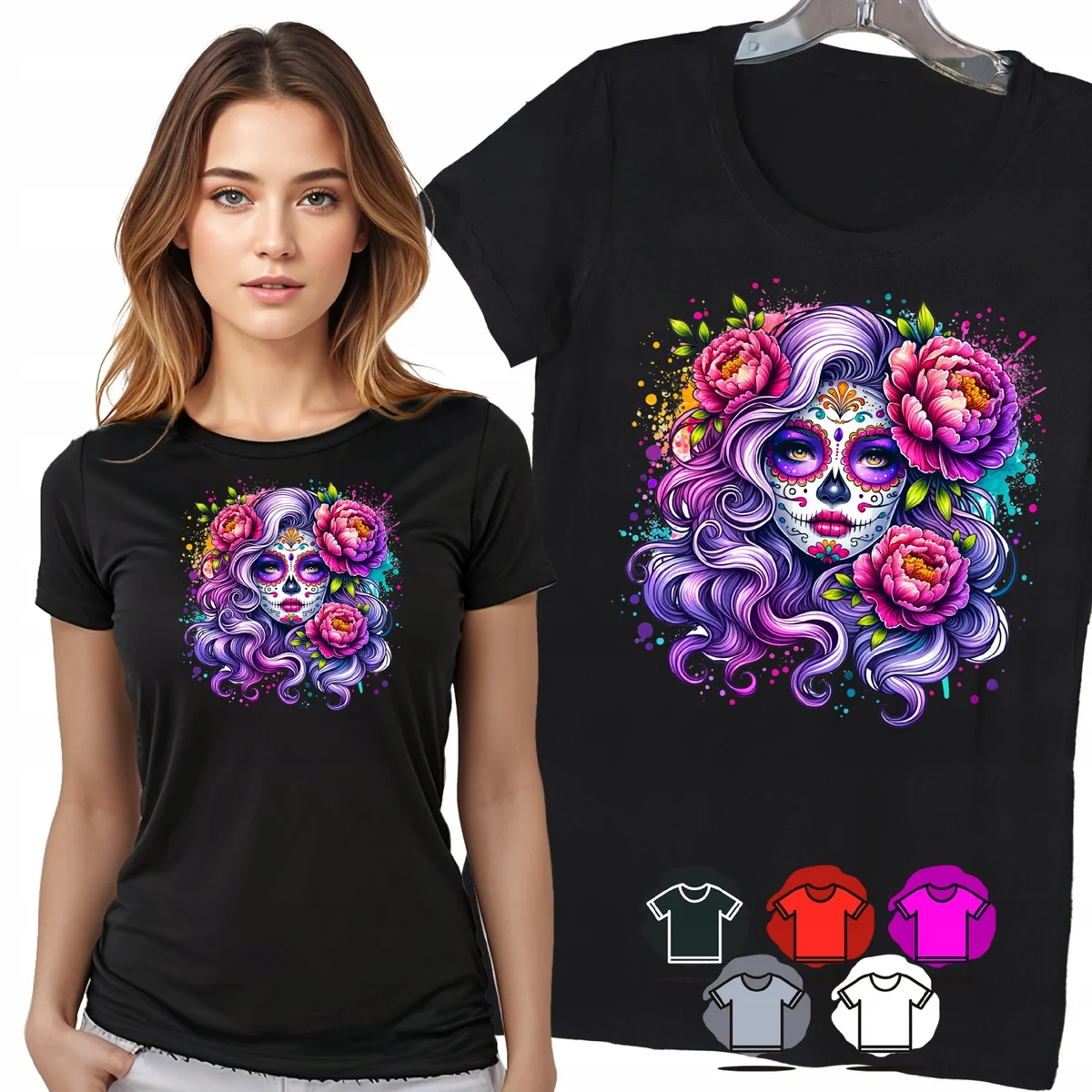 KOSZULKA DAMSKA T-SHIRT - SANTA MUERTE FIOLETOWE WŁOSY KWIATY WZÓR - XXL
