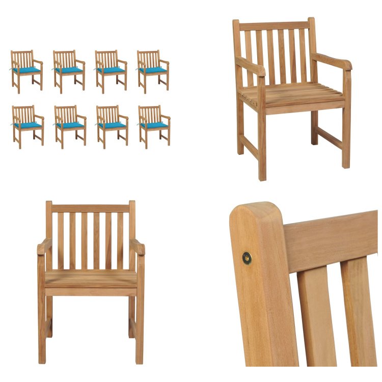 vidaXL Krzesła ogrodowe 8 szt. z niebieskimi poduszkami z litego drewna tekowego - krzesło ogrodowe - krzesła ogrodowe - fotel ogrodowy - krzesło drewniane