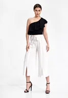 Spodnie damskie - ELEGANCKIE spodnie damskie DZWONY 7/8 z wiązaniem białe S - miniaturka - grafika 1