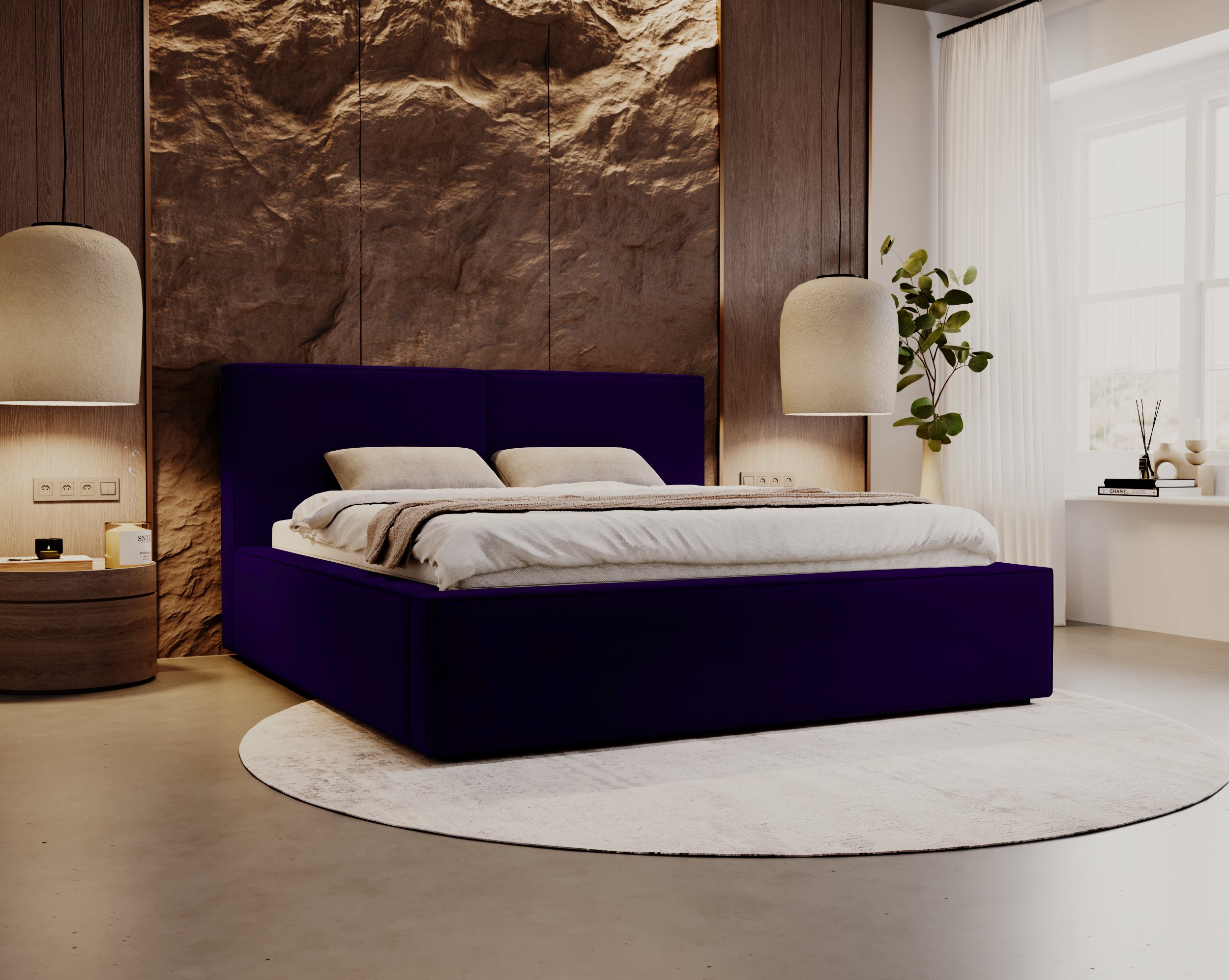 Besilio Möbel Łóżko tapicerowane podwójne 140x200 Santos - Łóżko tapicerowane z podstawą łóżka i metalową ramą - Aksamitna tkanina - Niebieski