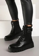 Botki damskie - Czarne Botki Workery na Grubej Podeszwie ze Sznurowaniem i Metaliczną Aplikacją Venvessa - miniaturka - grafika 1