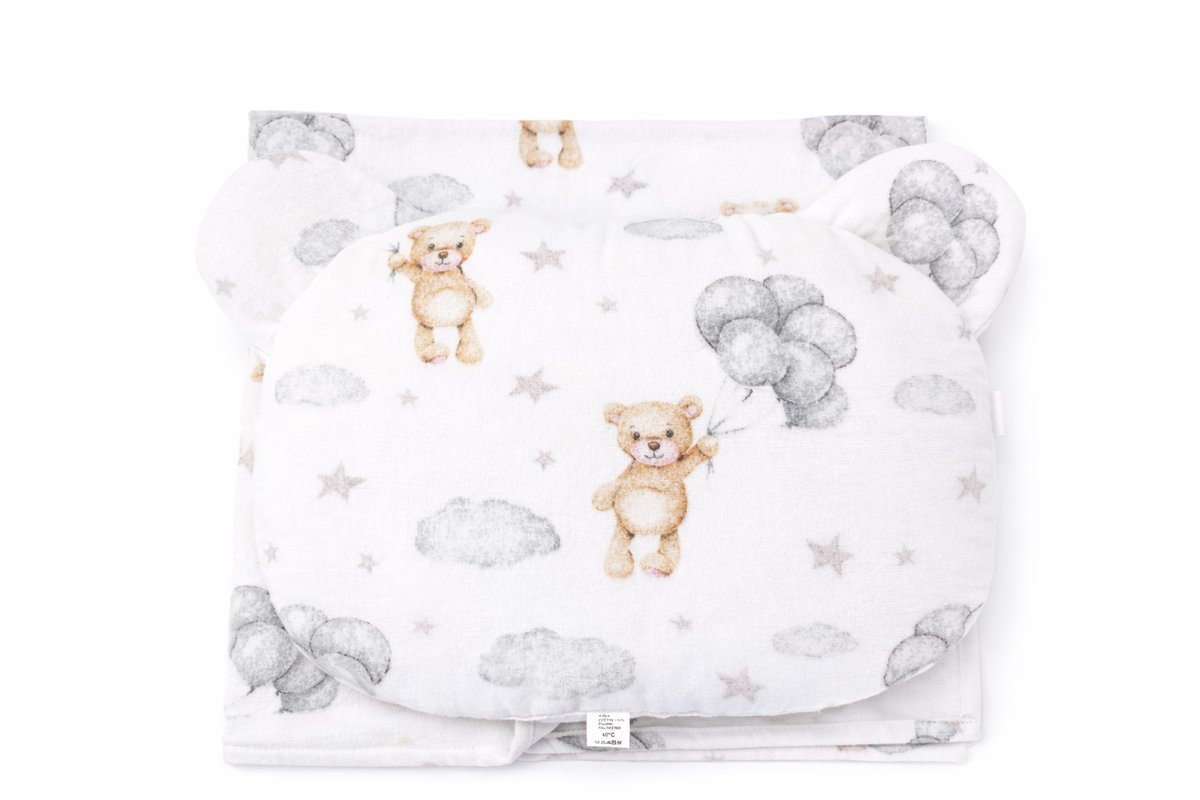 Poduszka Miś + Otulacz Flanela 80x80 do Wózka / Dostawki – Wyprawka misiu z balonem