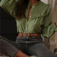 Koszule damskie - TEMU Elegancka Damska Bluzka w Stylu Vintage z Bufiastym Rękawem i Kołnierzykiem ściągając się - Jednokolorowa Czarna Długim rządku Guzików, - miniaturka - grafika 1