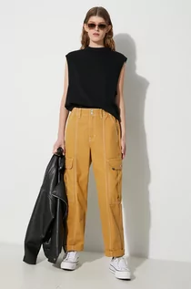 Spodnie damskie - Vans spodnie damskie kolor brązowy proste high waist - grafika 1