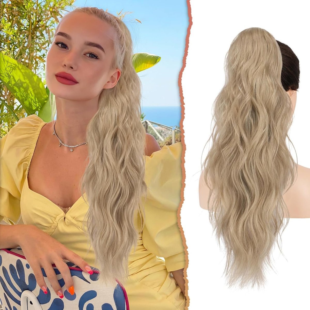 Doczepiany Kucyk Syntetyczne Dopinane Blond Włosy Naturalny Wygląd 66 cm