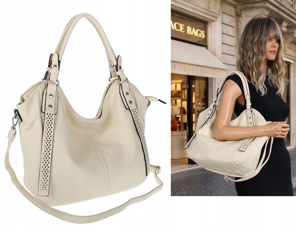 Torebka damska shopper worek listonoszka pojemna na ramię LH6004 Beżowa