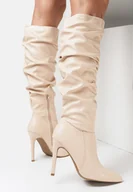 Kozaki damskie - Beżowe Kozaki z Marszczeniem na Szpilce Llirron - miniaturka - grafika 1