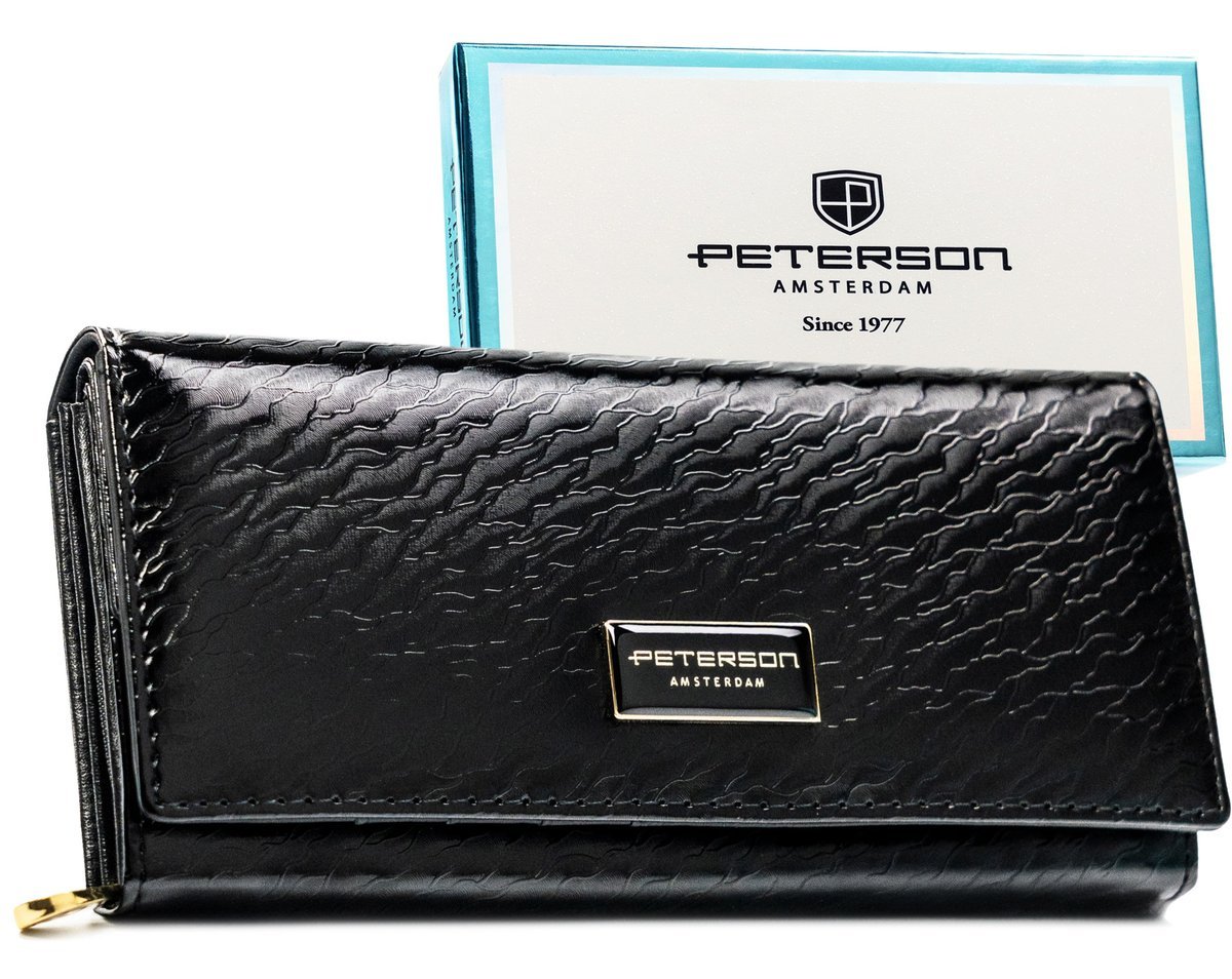 Czarny portfel damski skórzany PETERSON duży rozbudowany na zatrzask rfid klasyczny