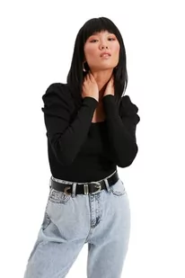 Trendyol Damska bluza z kwadratowym kołnierzem, jednokolorowa, dopasowana, czarna, L, Czarny - Bluzy damskie - miniaturka - grafika 1