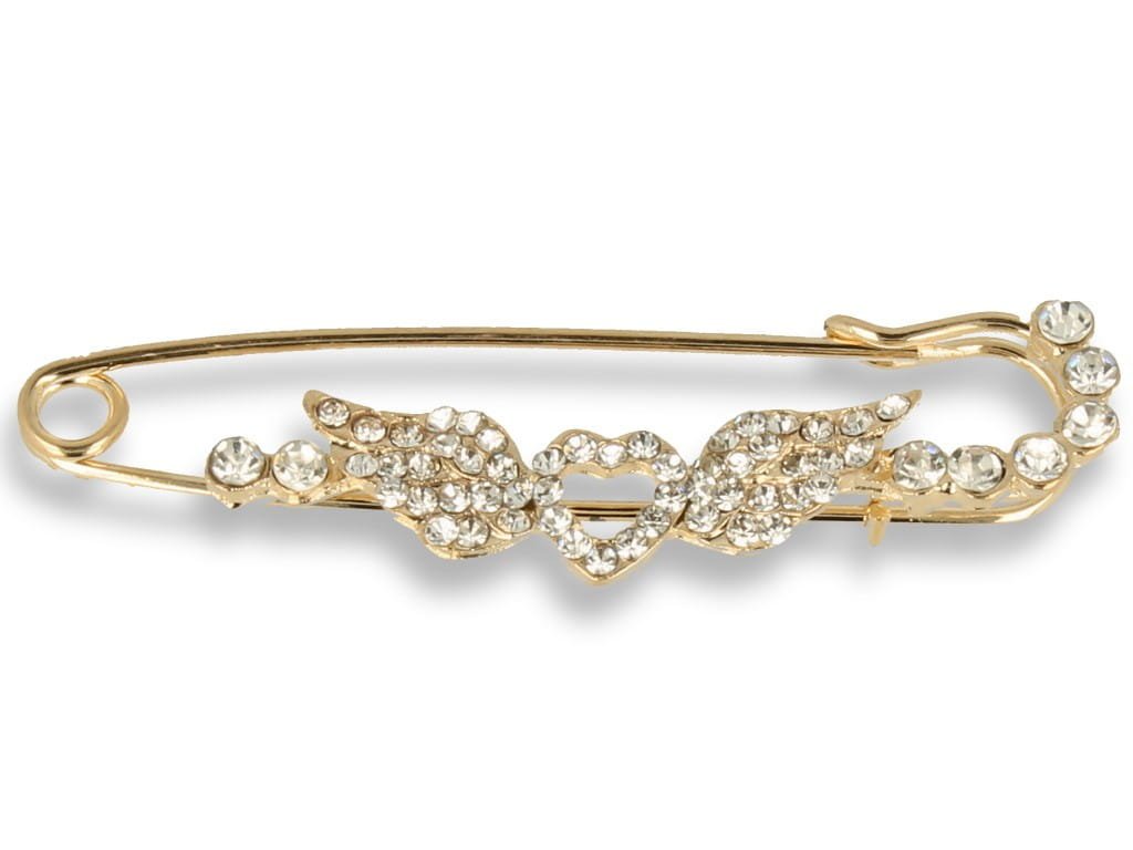 Broszka Damska Złota Z Serduszkiem Ze Skrzydłami I Cyrkoniami