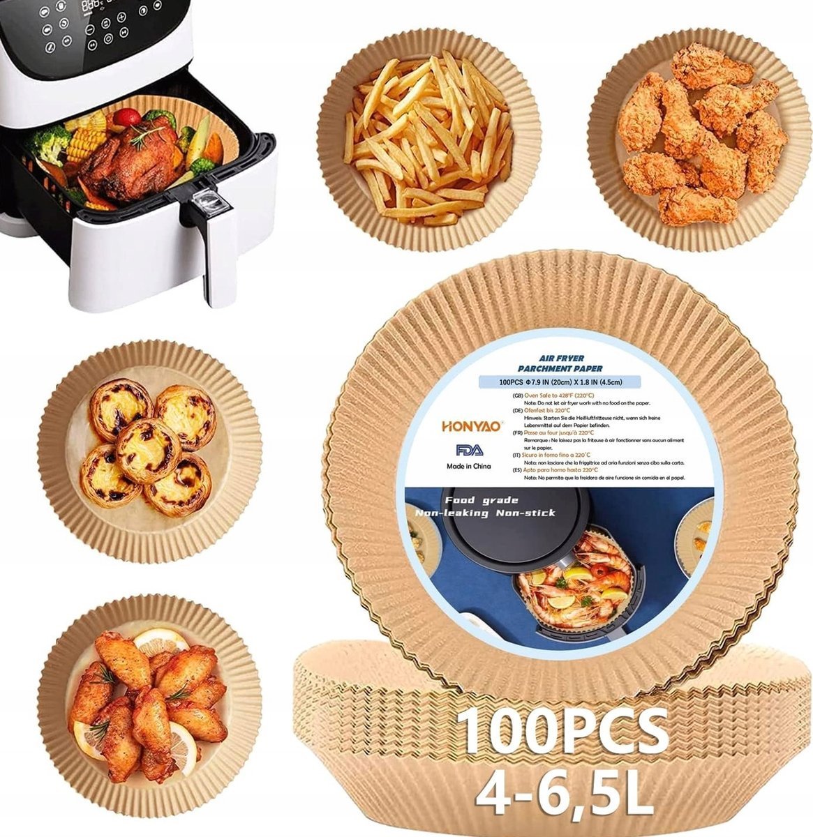 PAPIER DO FRYTKOWNICY 20CM OKRĄGŁY 100 SZTUK PIECZENIA JEDNORAZOWY