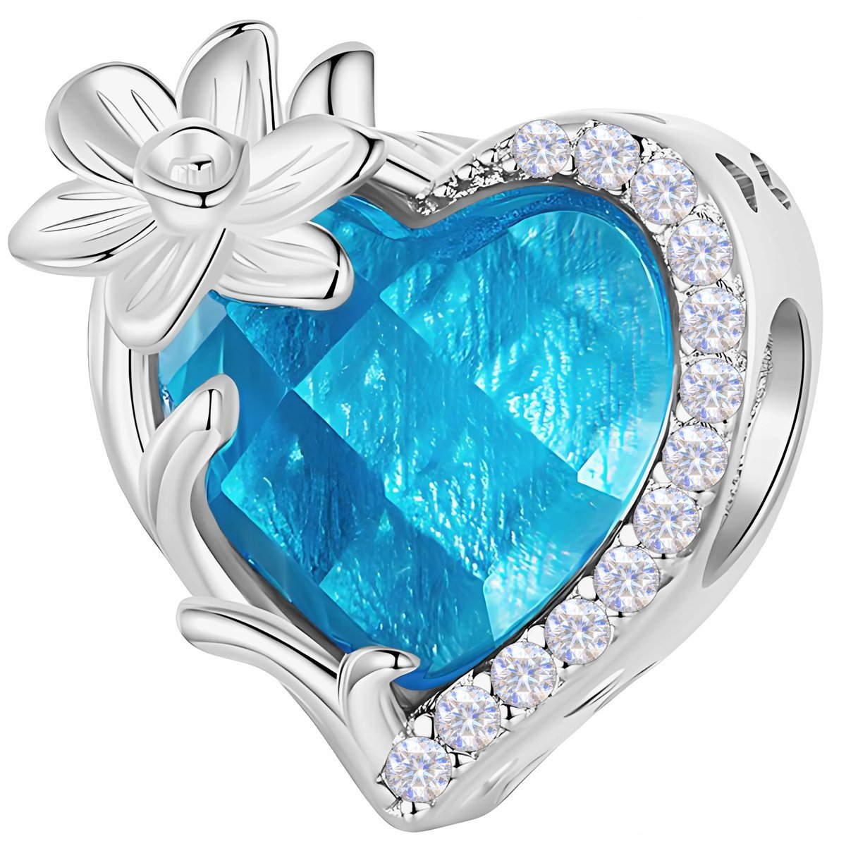 Charms Srebrny Kryształowe Niebieskie Serce Kwiat Cyrkonie SREBRO 925