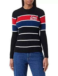 Swetry damskie - Love Moschino Damski sweter slim fit z długim rękawem z okrągłym dekoltem z miłością, emblematem, Black Blue Red, 42 - grafika 1