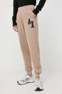 Spodnie damskie - Armani Exchange spodnie dresowe kolor beżowy z aplikacją - grafika 1
