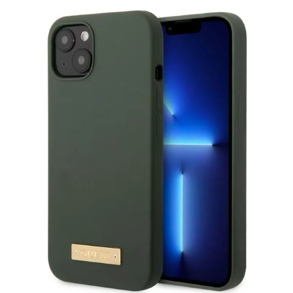 Etui Guess do iPhone 13 6,1" zielony/khaki hard case Silicone Logo Plate MagSafe