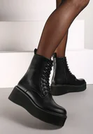 Botki damskie - Czarne Botki Typu Traperki na Platformie z Koturnem Evrisia - miniaturka - grafika 1