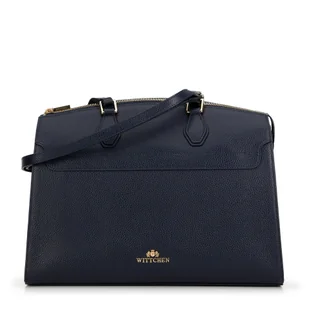 Damska torebka ze skóry trapezowa granatowa ze złotym logo - Torebki damskie Damska torebka ze skóry trapezowa granatowa ze złotym logo - Torebki damskie - miniaturka - grafika 1