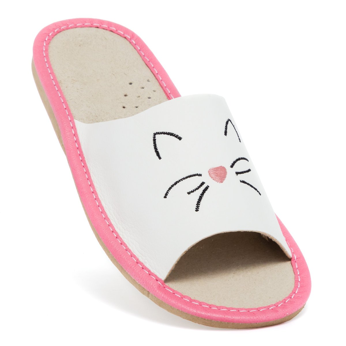 Kapcie Dziecięce Pantofle Domowe Skórzane Z Kotkiem Lekkie I Wygodne