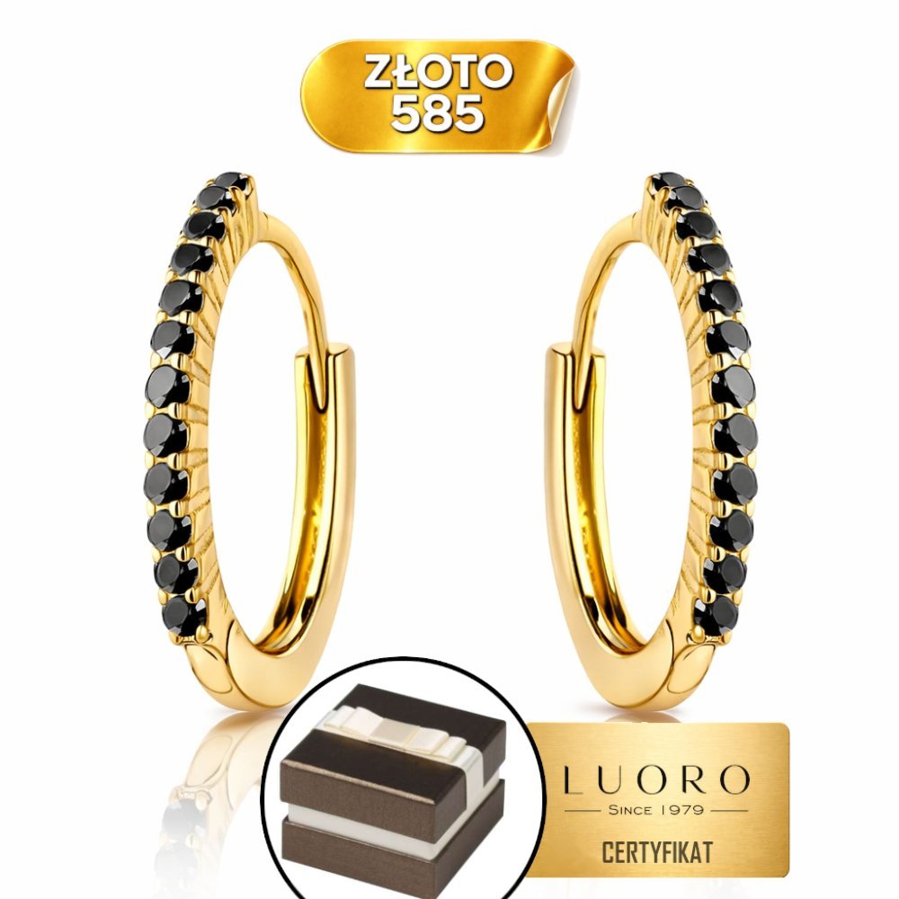 KOLCZYKI ZŁOTE 585 14K KÓŁECZKA CZARNE KAMIENIE KREOLE 13 MM ELEGANCKIE