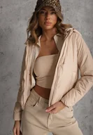 Kurtki damskie - Ciemnobeżowa Pikowana Kurtka z Odpinanym Kapturem z Tkaniny Kaliran - miniaturka - grafika 1