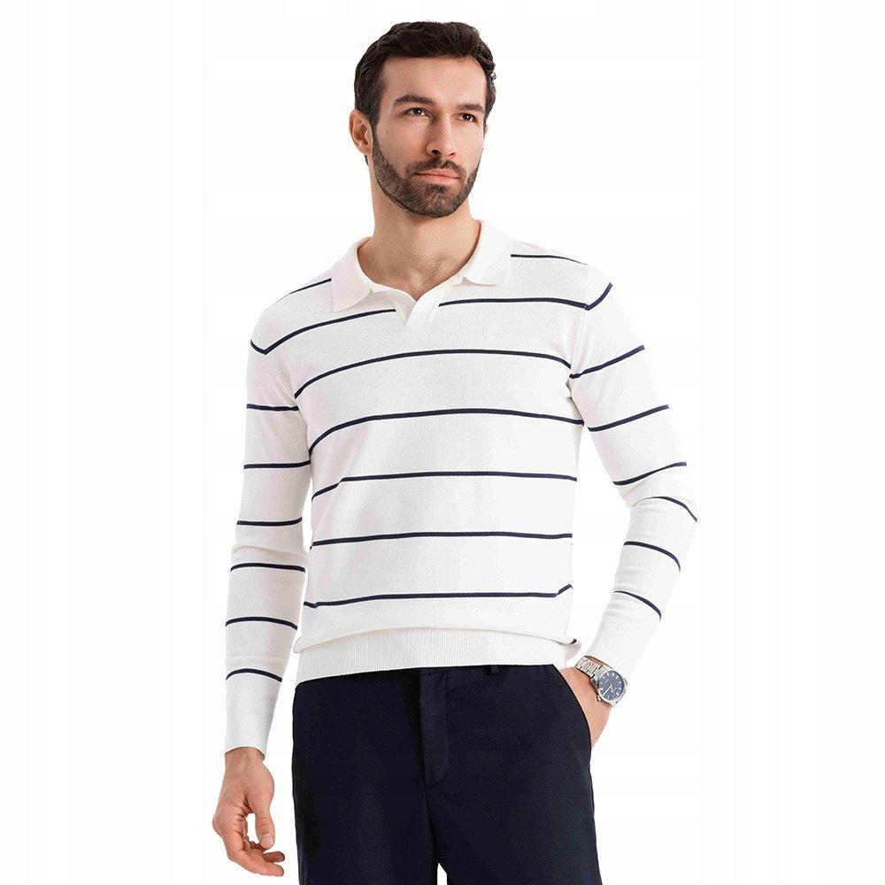 Męski longsleeve polo z wiskozą paski biało-granatowy OM-POLS-0146 V2 r S