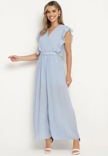 Jasnoniebieski Plisowany Kombinezon z Szerokimi Nogawkami i Wiązanym Paskiem Audra - Kombinezony - miniaturka - grafika 1