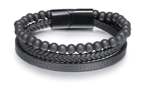 Wielowarstwowa skórzana bransoletka koraliki Czarny 21cm