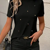Inne - TEMU Damska Czarne T-shirt z Złotym Sercem - Krótki Rękaw, Okrągły Dekolt, Poliestrowy Top z Dzianiny na , Codzienne Noszenie, Styl Casual|Top z - miniaturka - grafika 1