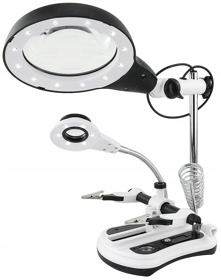 LUPA SZKŁO POWIĘKSZAJĄCE 108mm/2,5X + 30mm/10X + TRZECIA RĘKA LAMPA LED
