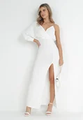 Sukienki - Biała Asymetryczna Sukienka Maxi na Jedno Ramię z Łańcuszkiem Przy Ramieniu Kesilli - miniaturka - grafika 1