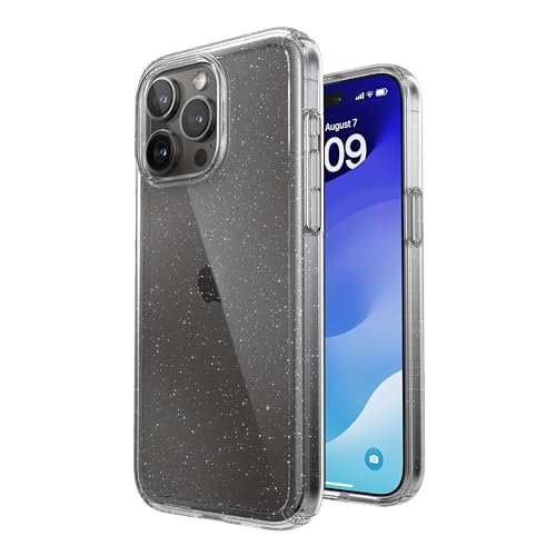 Speck Przezroczyste etui na iPhone'a 15 Pro Max - smukłe, ochrona przed upadkiem - odporne na zarysowania, odporne na żółknięcie, 16.7 cm etui na telefon - GemShell przezroczysty/platynowy brokat