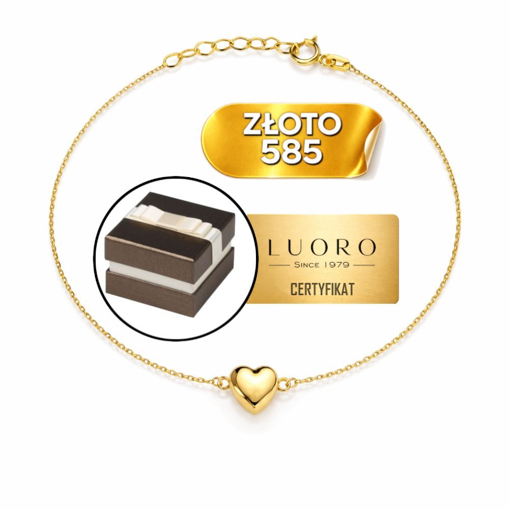 BRANSOLETKA ZŁOTA 585 14K Z GŁADKIM SERCEM ŻÓŁTA REGULOWANA 17 CM