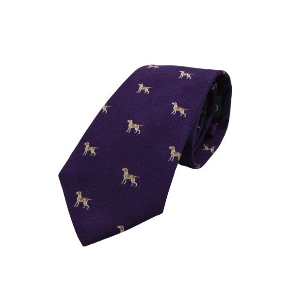 Krawat fioletowy z psem myśliwskim