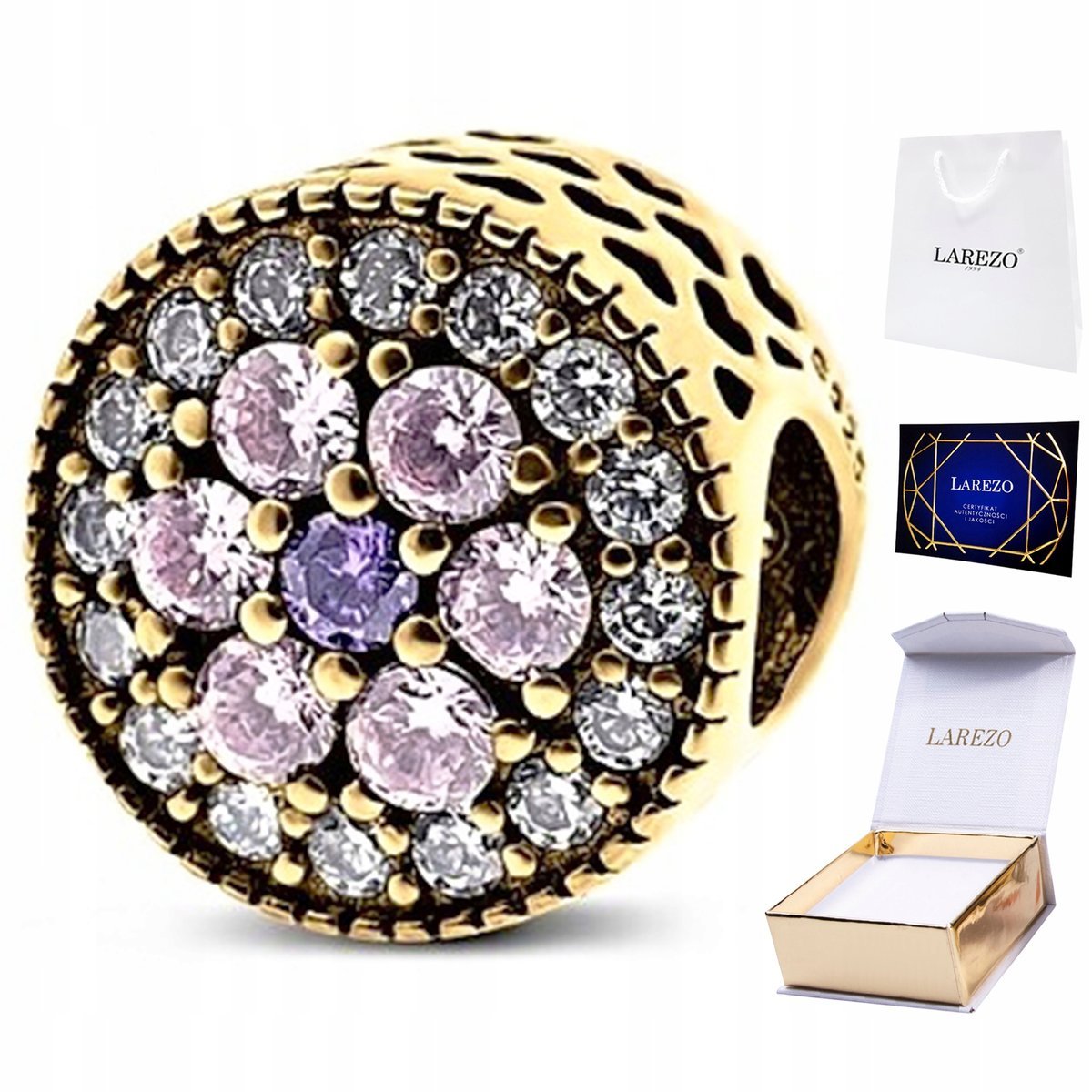 CHARMS ZŁOTY Kolorowy Fioletowy Kwiat Kwiatek Różowe Cyrkonie SREBRO 925