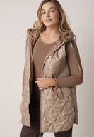 Kamizelki damskie - Brązowa Pikowana Kamizelka o Długim Kroju z Nieodpinanym Kapturem w Romby Dephice - miniaturka - grafika 1