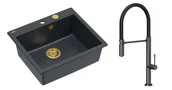 Zlewozmywaki z baterią - Quadron Unique Zlewozmywak granitowy jednokomorowy 57*50*22 cm MORGAN 110 BLACK DIAMOND z syfonem Push-2-Open w kolorze złotym z baterią MARGOT T LINE GRAPHITE METAL z ruchomą wylewką kolor grafit/czarny wąż - miniaturka - grafika 1