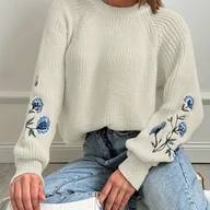 Swetry damskie - TEMU Sweter damski z okrągłym dekoltem i haftem kwiatowym, długie rękawy - miniaturka - grafika 1