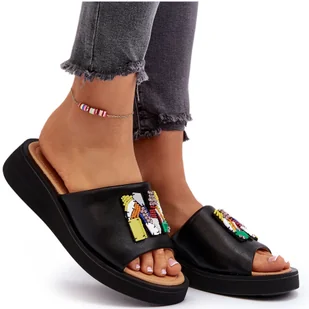 Vinceza Skórzane Klapki Damskie Z Ozdobą Czarne Asames - Klapki i japonki damskie - miniaturka - grafika 1