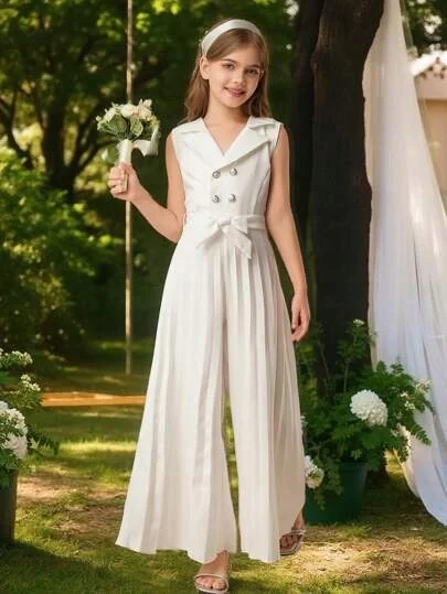 SHEIN BIAŁY KOMPLETNY KOMBINEZON DZIEWCZĘCY Z KOŁNIERZEM 146-152 2BA