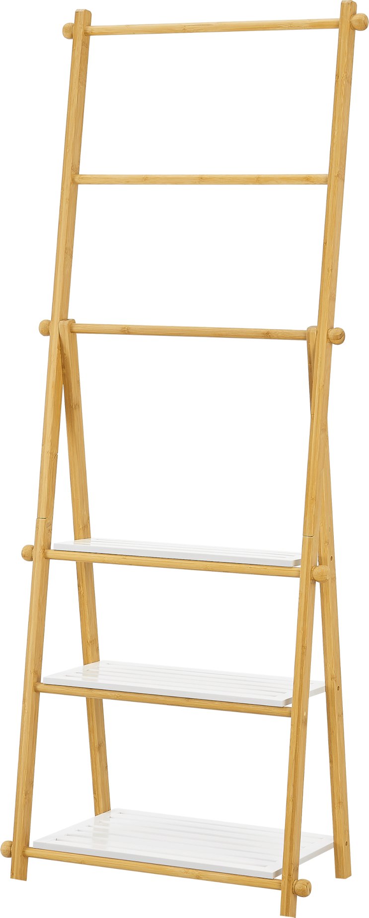 Bambusowa półka stojąca z wieszakami na ręczniki Lapinjärvi półka łazienkowa 152 x 53 x 31 cm wieszak na ręczniki stojący naturalny/biały