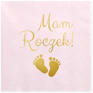 Dekoracje i nakrycia stołu na imprezę - Serwetki 33x33 różowe "Mam Roczek" Stópki 12 szt. - miniaturka - grafika 1