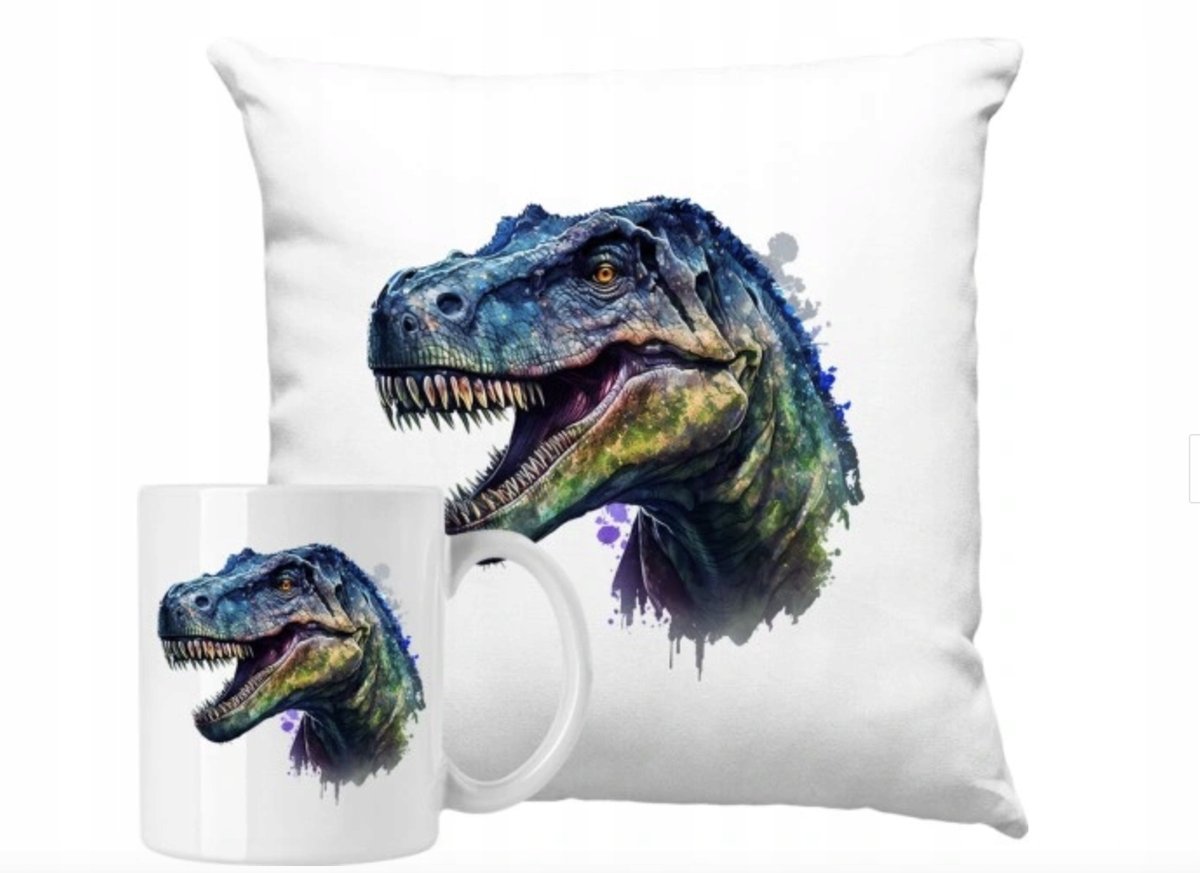 ZESTAW PODUSZKA + KUBEK Prezent DINOZAURY T-REX Z DINOZAURAMI + IMIĘ 30