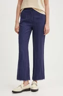 Spodnie damskie - Sisley spodnie lniane kolor granatowy proste high waist - miniaturka - grafika 1